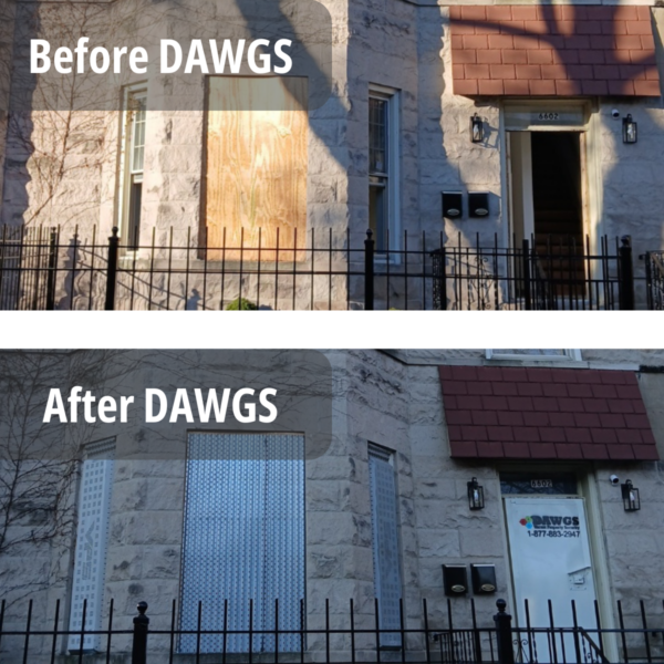 Two pictures of the same house, shown in a before-and-after comparison. In the 'before' picture, the house is boarded up with plain thin plywood. In the 'after' picture, the house has been secured with steel door and window guards from DAWGS. Board up windows without plywood - use DAWGS!