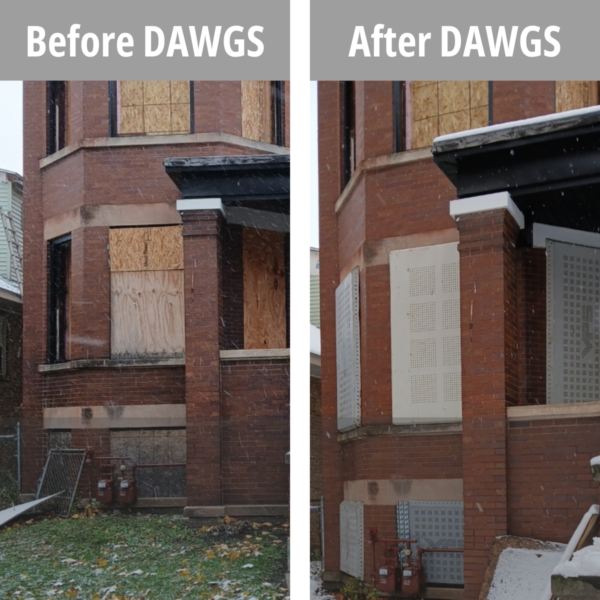 Two pictures of the same house, shown in a before-and-after comparison. In the 'before' picture, the house is boarded up with plain thin plywood. In the 'after' picture, the house has been secured with steel door and window guards from DAWGS. DAWGS is the best way to board up a vacant property.