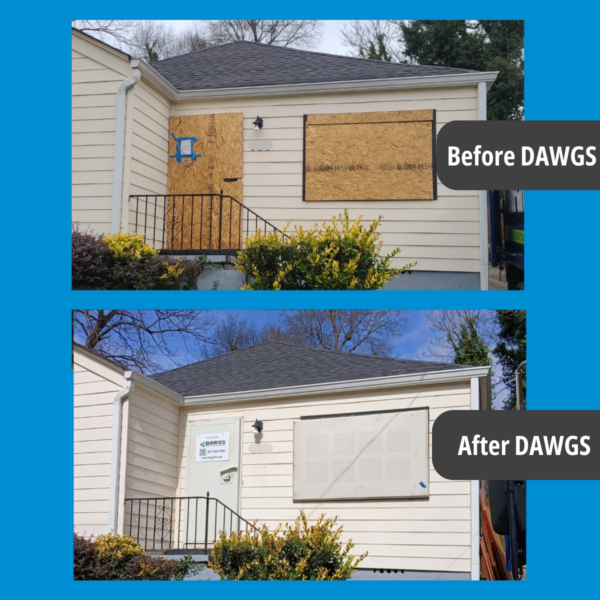 Two pictures of the same house, shown in a before-and-after comparison. In the 'before' picture, the house is boarded up with plain thin plywood. In the 'after' picture, the house has been secured with steel door and window guards from DAWGS. DAWGS is the best way to board up a vacant property. Why board up windows? Because your investment is worth it!