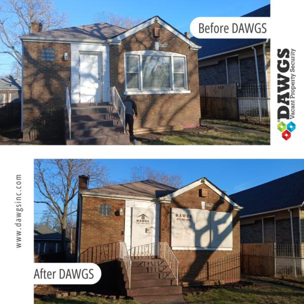 Two pictures of the same house, shown in a before-and-after comparison. In the 'before' picture, the house is boarded up with plain thin plywood. In the 'after' picture, the house has been secured with steel door and window guards from DAWGS. DAWGS supports vacant public housing in Dallas