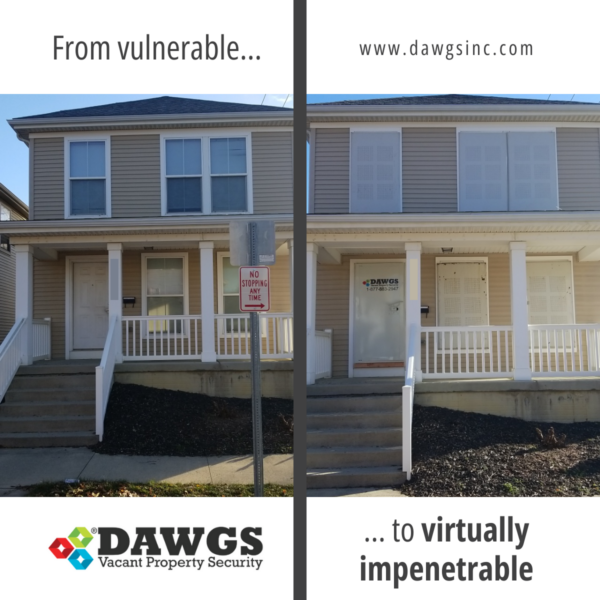 Two pictures of the same house, shown in a before-and-after comparison. In the 'before' picture, the house is boarded up with plain thin plywood. In the 'after' picture, the house has been secured with steel door and window guards from DAWGS. DAWGS supports vacant public housing in Detroit