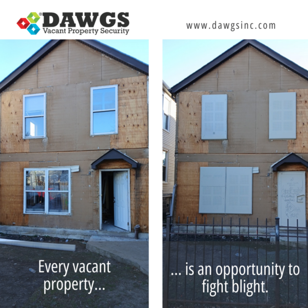 Two pictures of the same house, shown in a before-and-after comparison. In the 'before' picture, the house is boarded up with plain thin plywood. In the 'after' picture, the house has been secured with steel door and window guards from DAWGS. DAWGS supports vacant public housing in St. Louis.